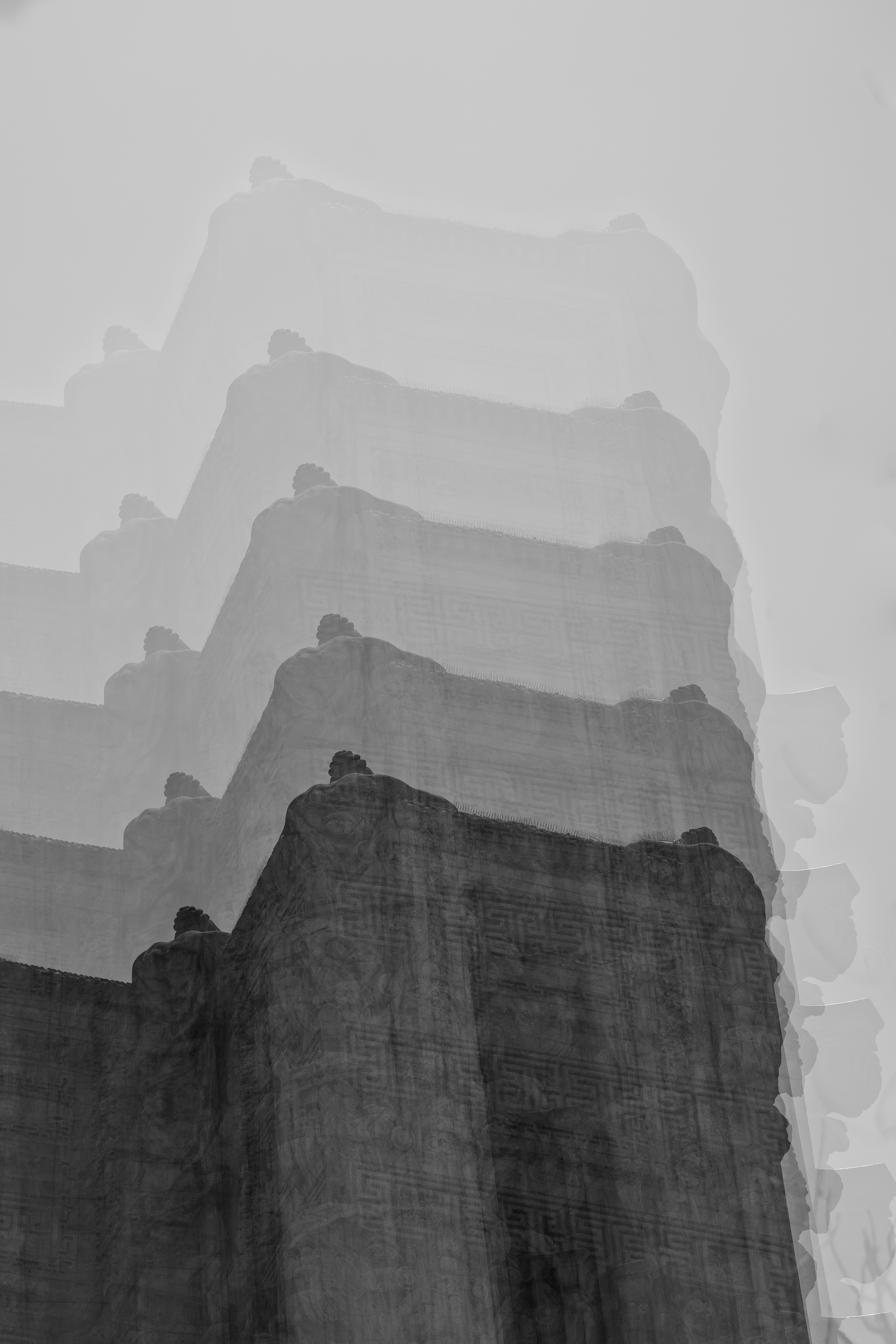 Multiple-exposure black and white photograph of Art Deco building facade
